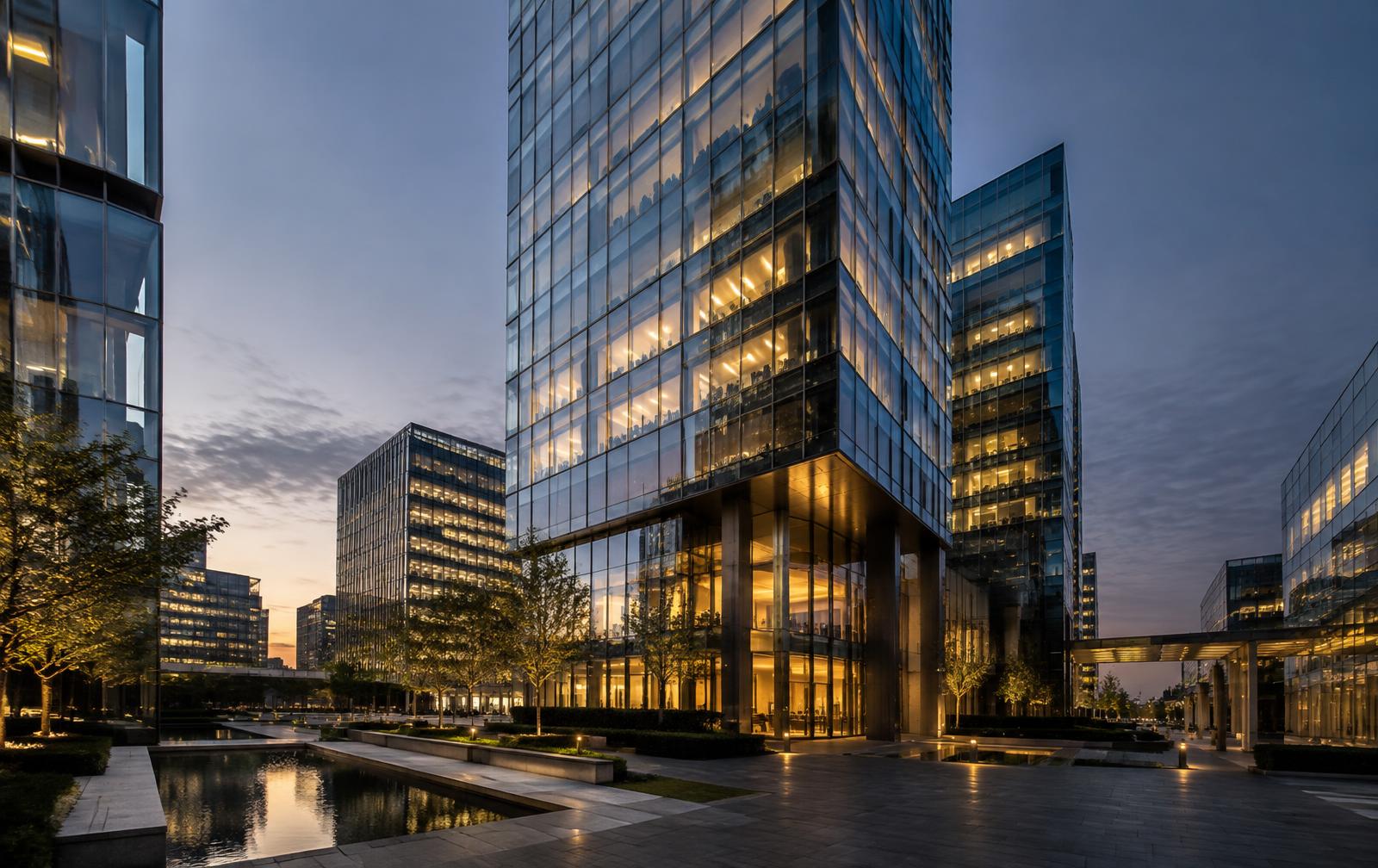Modern glass commercial office building and plaza illuminated at dusk