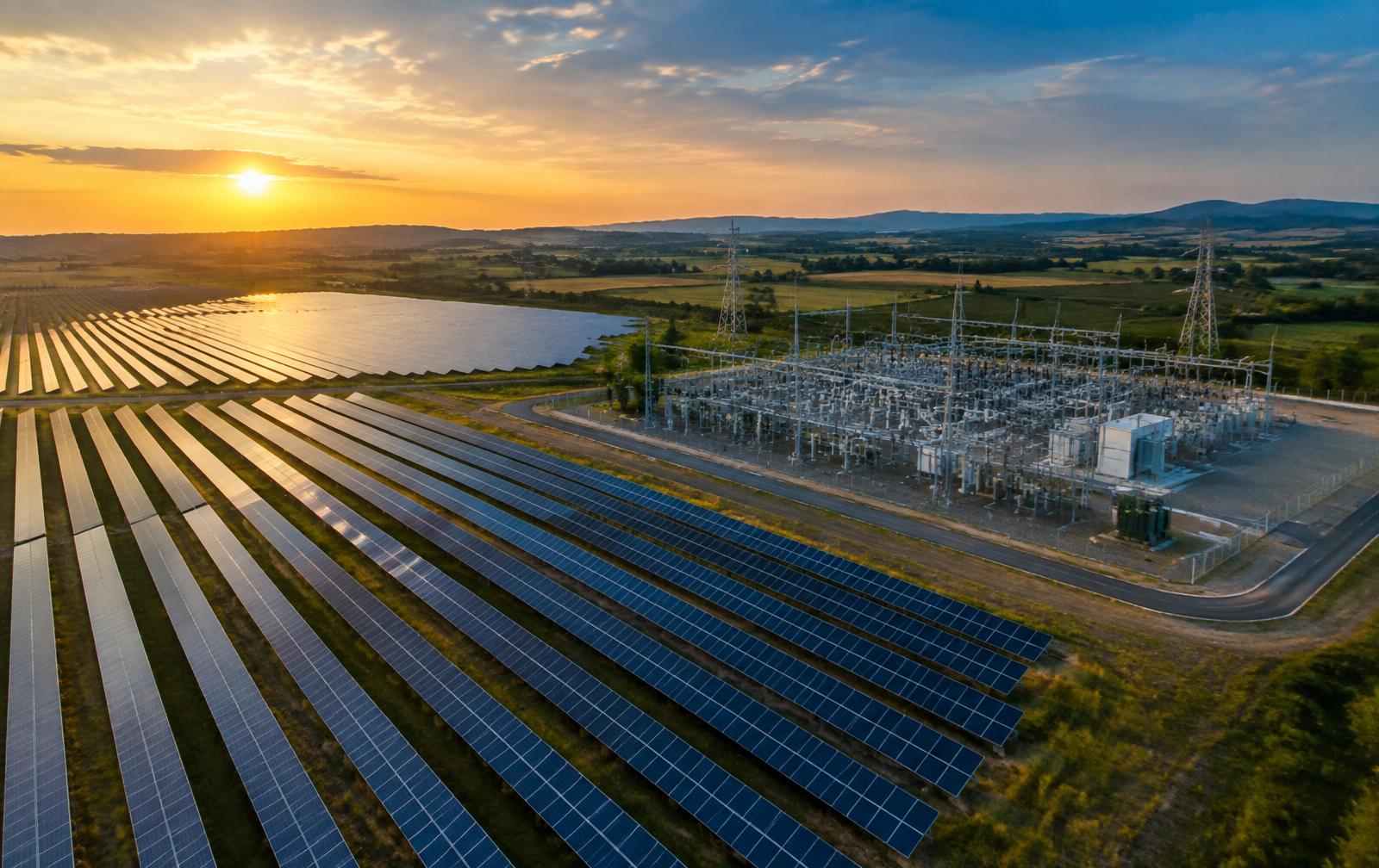 Aerial view of a photovoltaic park next to an electrical substation with transformers