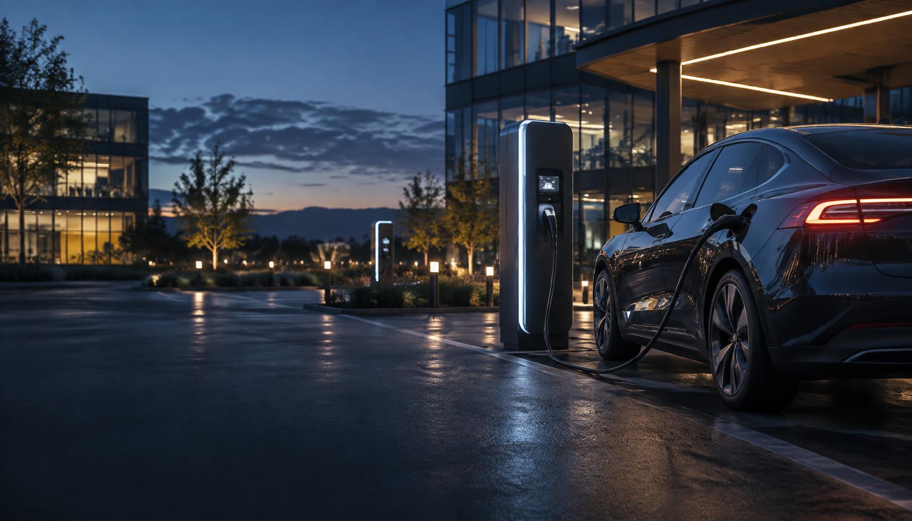 Electric vehicle connected to a premium charging station at a modern office campus