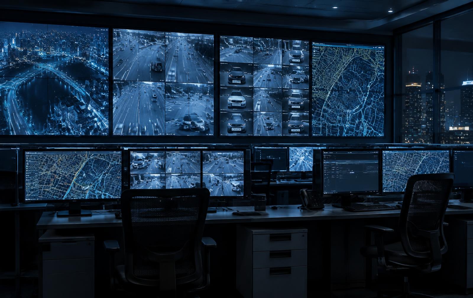 Urban security monitoring center with video surveillance and license-plate recognition screens