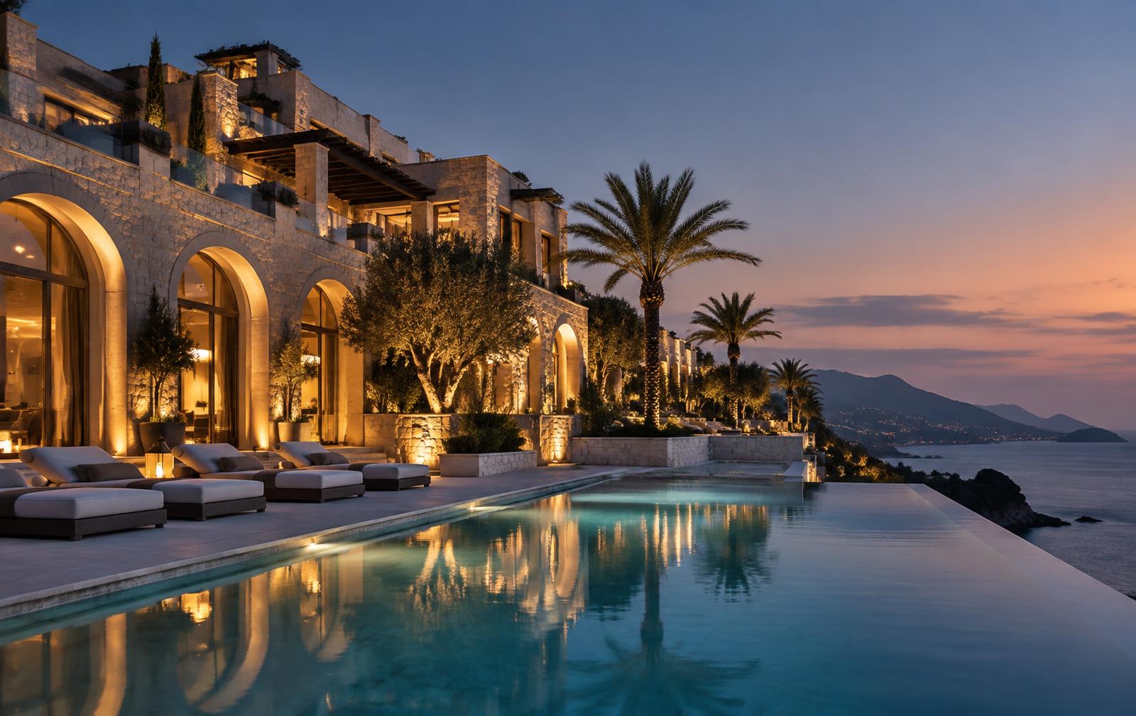 Luxury seaside hotel with illuminated facade and infinity pool at dusk