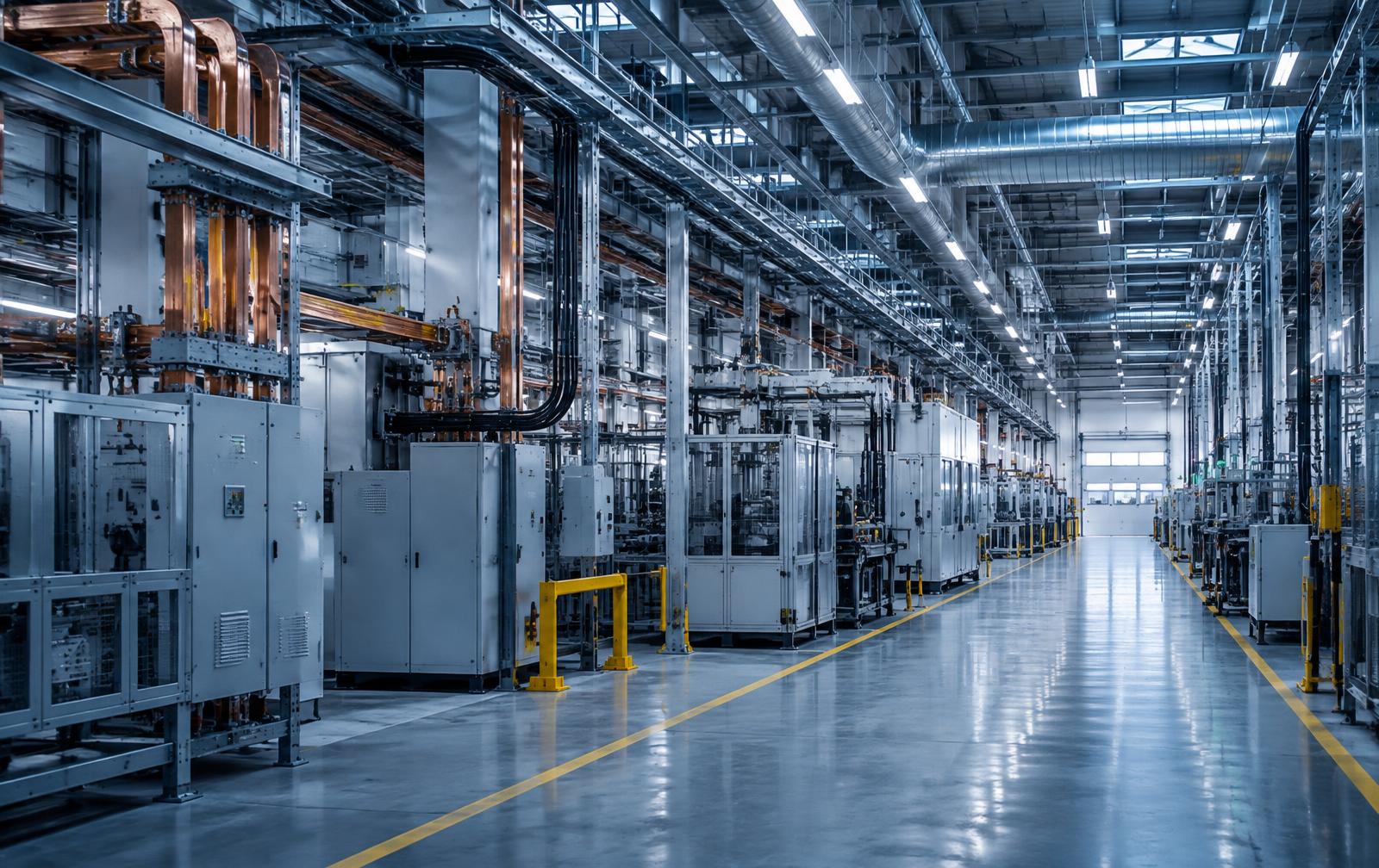 Modern production hall with industrial electrical distribution, busbars and ventilation ducting