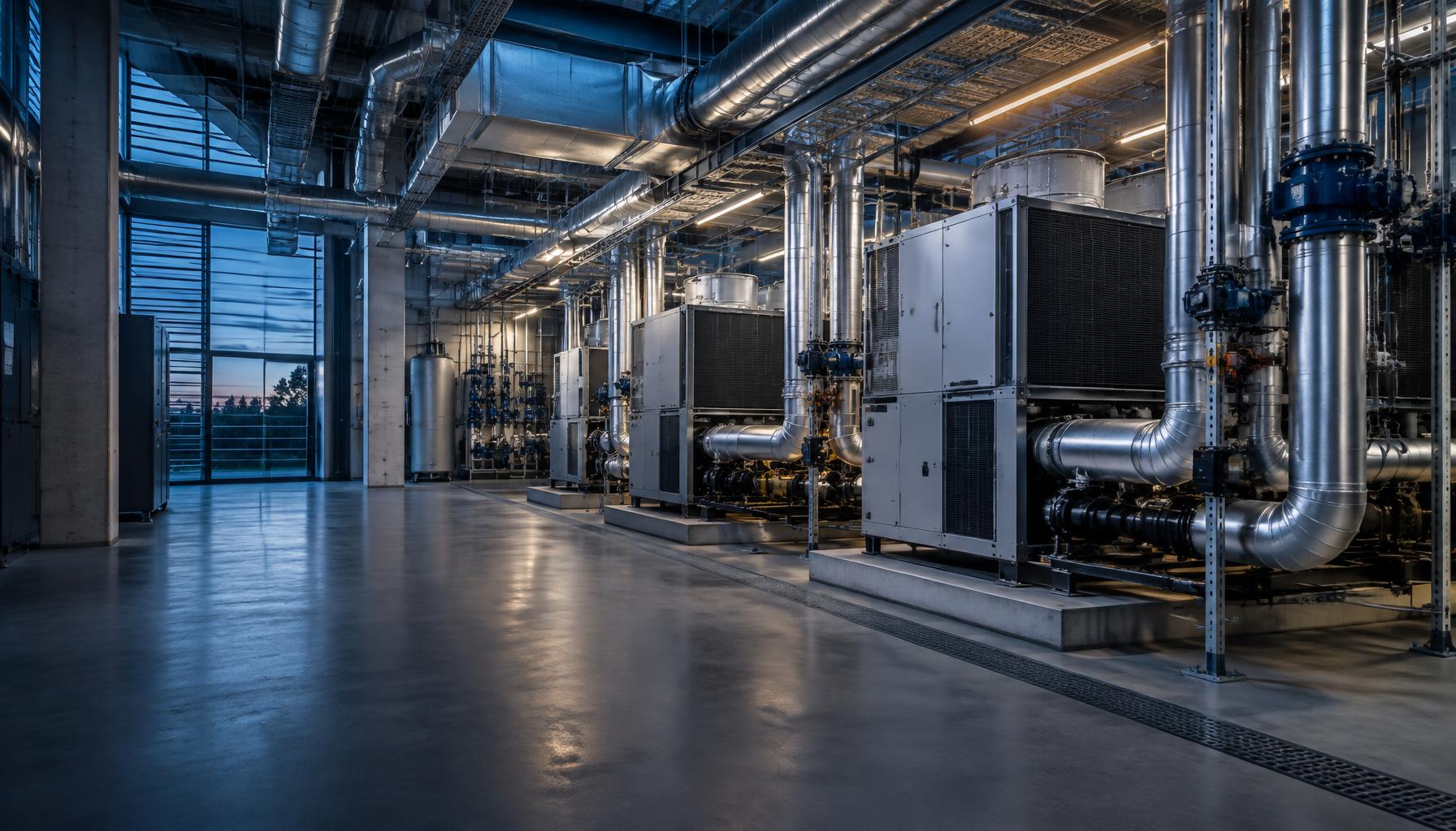 Modern commercial HVAC plant room with chillers, ducts and technical pipework
