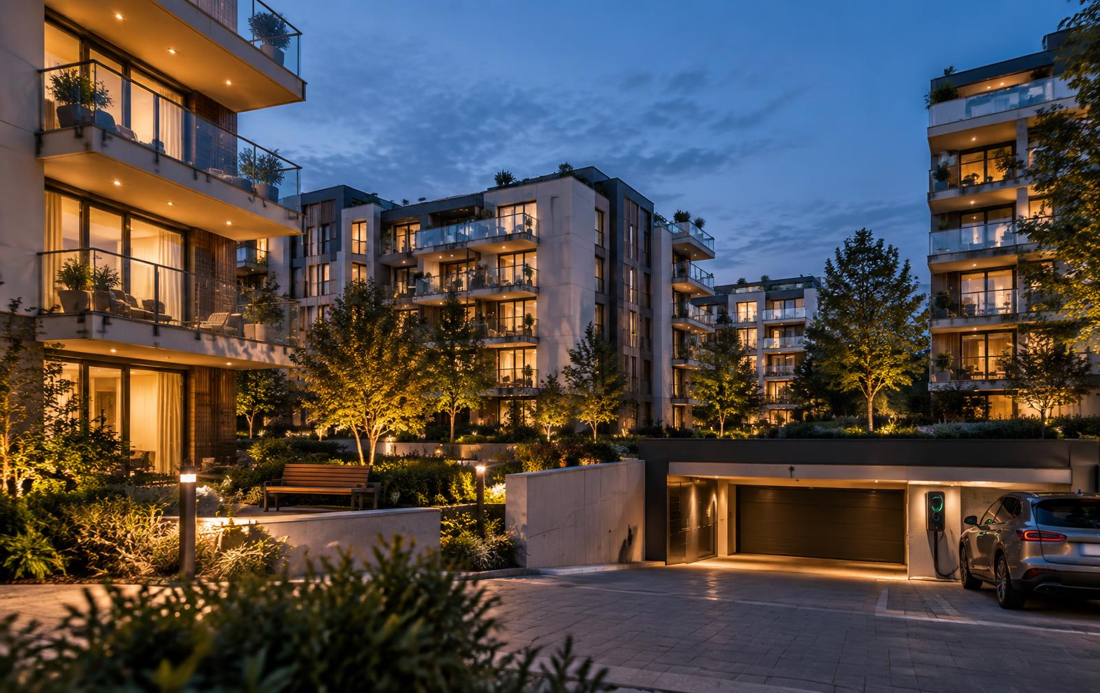 Modern residential apartment complex at dusk with lit balconies and a garage entrance with EV charging