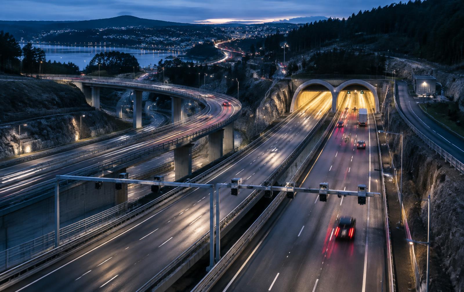 Illuminated road interchange at dusk with camera gantries and traffic light trails